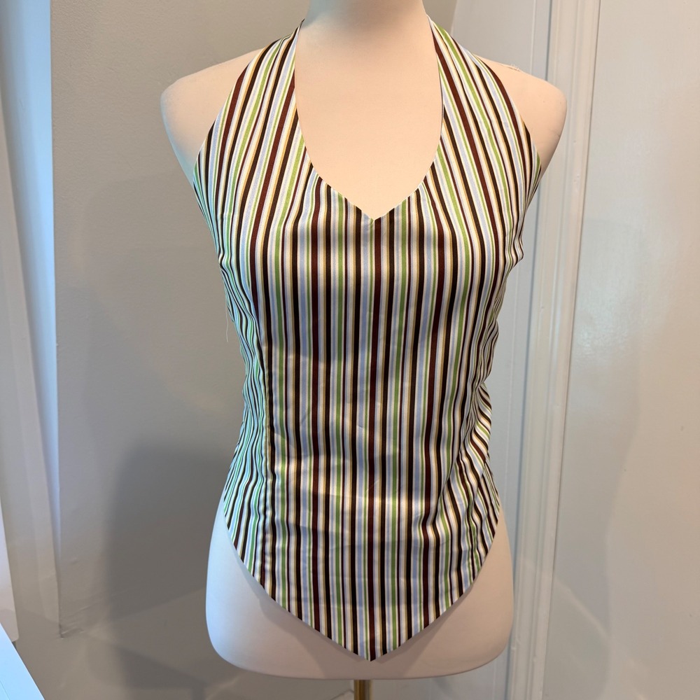 Fashion Nova Brown Multi Striped Halter Neck Top Handkerchief Hem | Size M